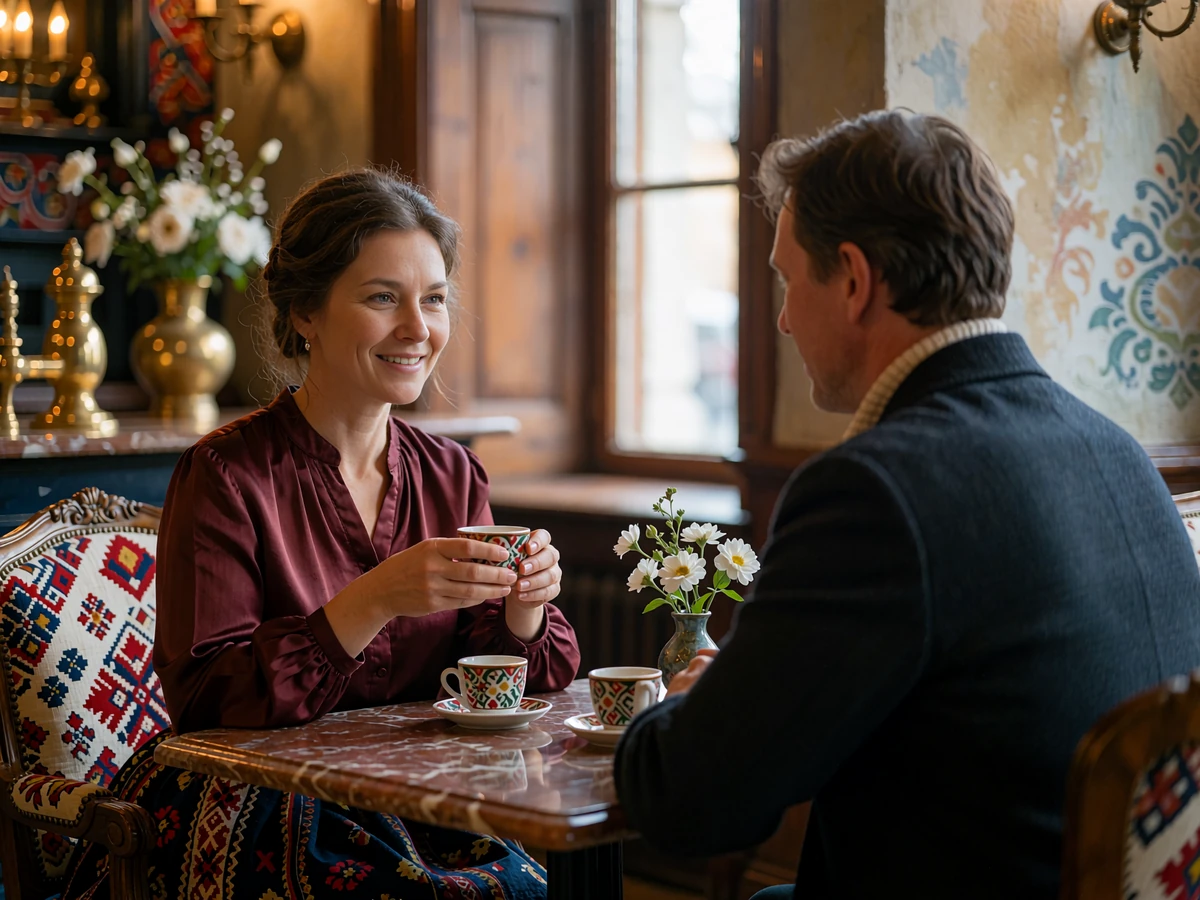 Couple meeting in person for the first time at a European café over coffee