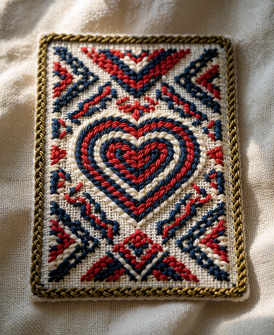 Hand-embroidered folk textile panel with a concentric crimson, navy and cream heart motif