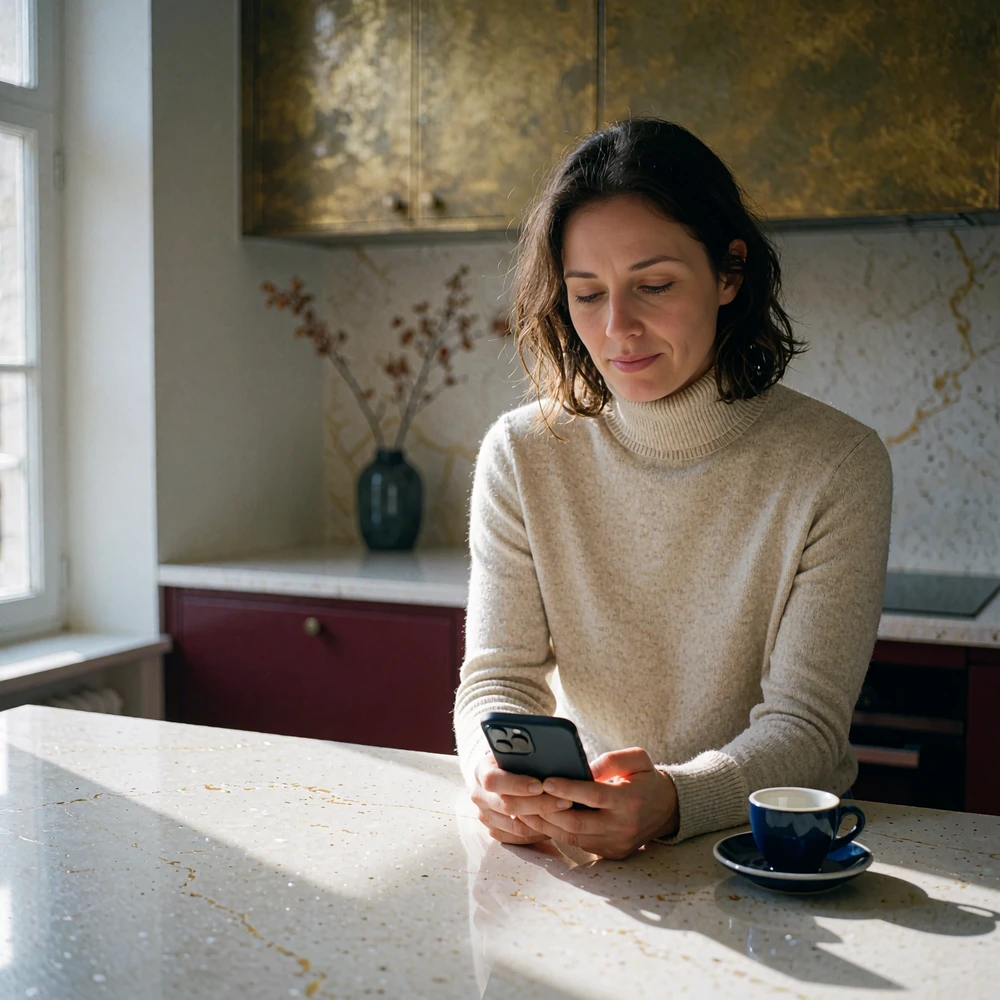 Woman holding a phone with the screen turned away while standing at a kitchen island with an espresso cup during an early morning routine