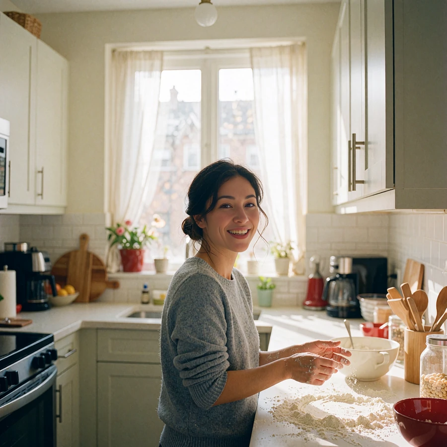 Woman with flour-dusted hands smiling at a sunlit kitchen counter in a modern apartment