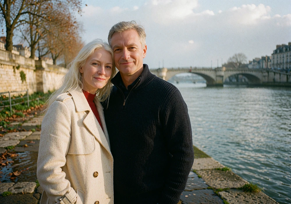 Couple standing close together on a riverside embankment under soft overcast daylight