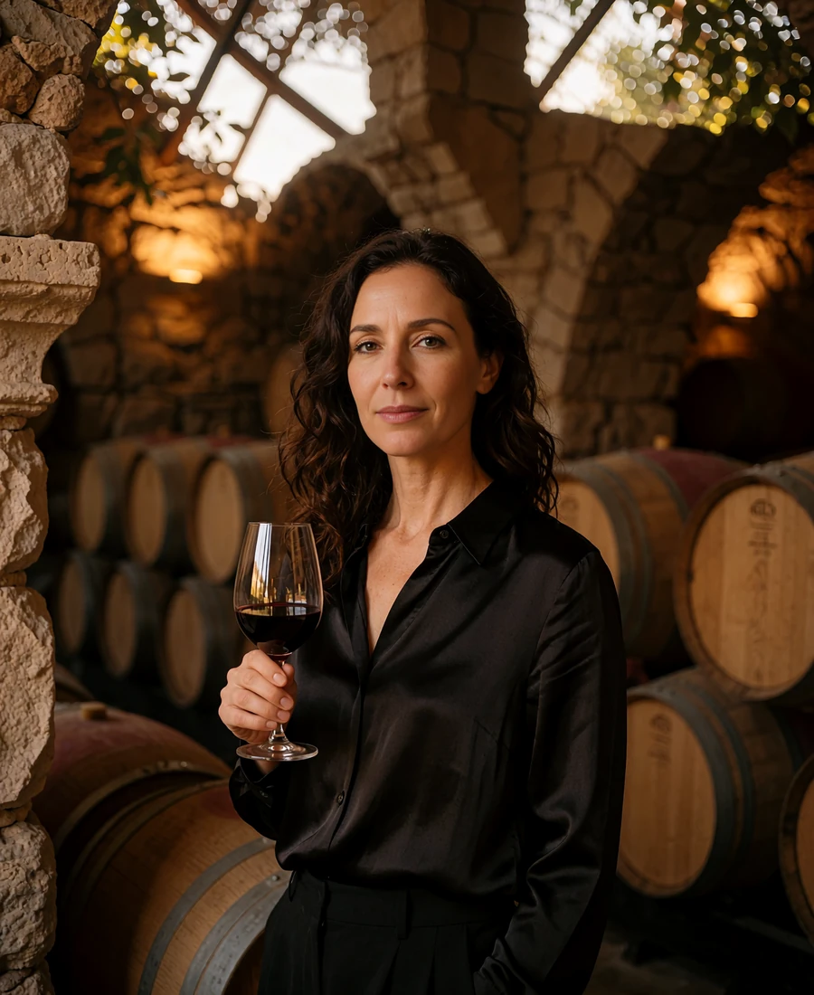 Woman in a black silk blouse holding a glass of red wine in a softly lit vaulted stone wine cellar