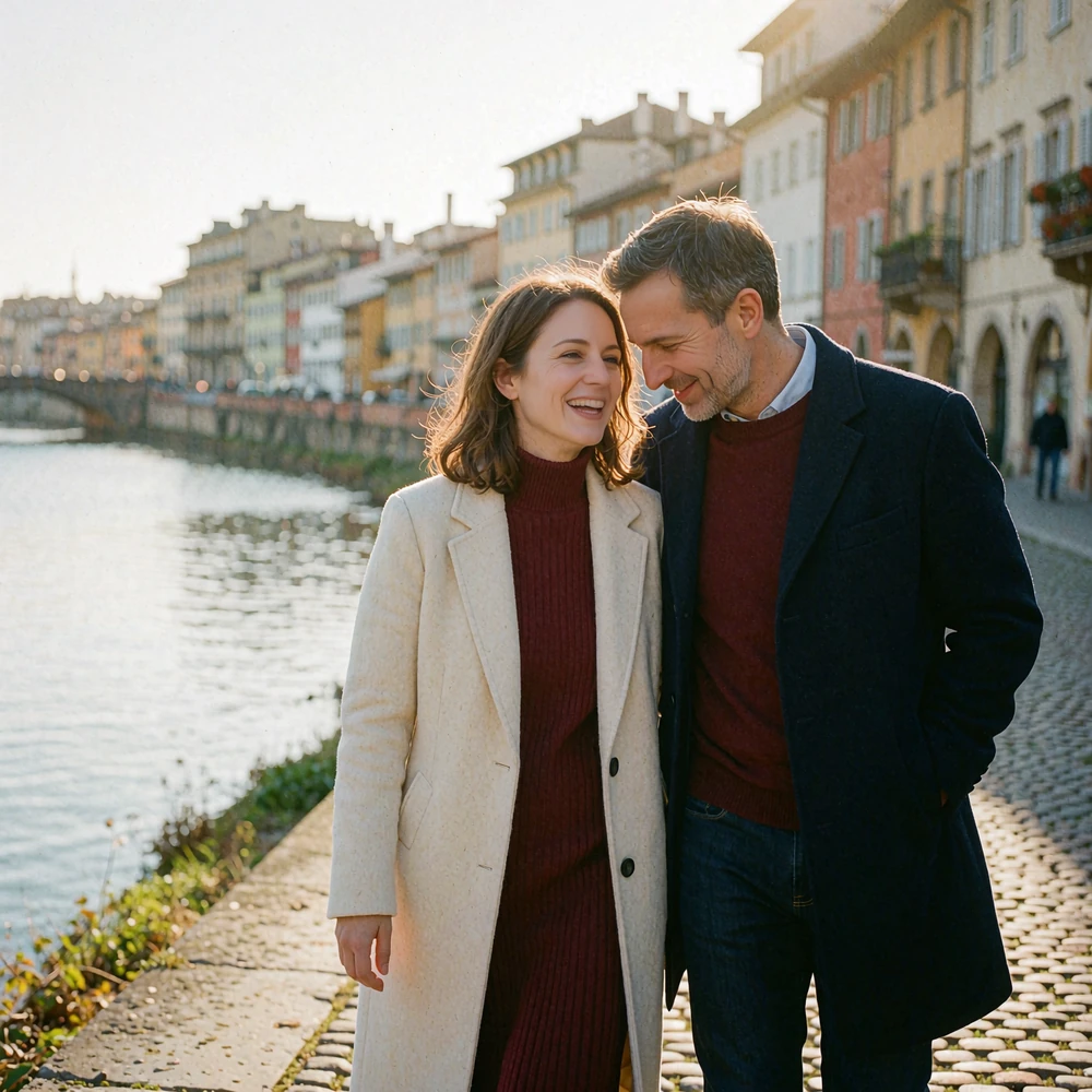 Couple in their late thirties walking together along a cobbled old-town riverbank at golden hour