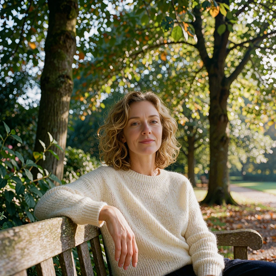 Woman in an ivory sweater smiling on a park bench beneath tall trees in central Sofia