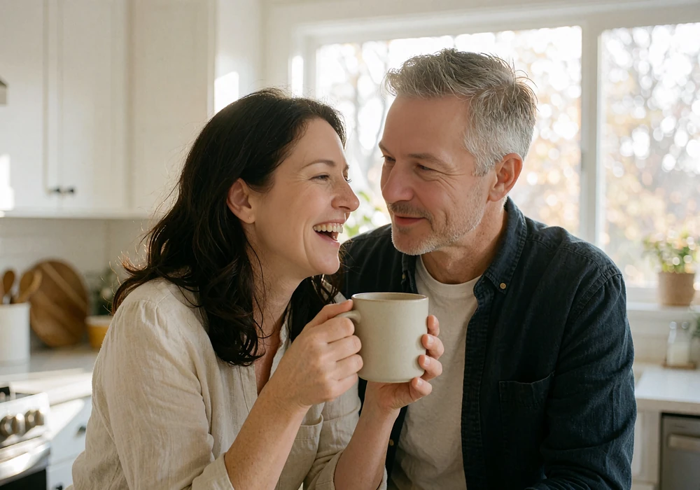Couple in their forties sharing morning coffee in a bright modern kitchen