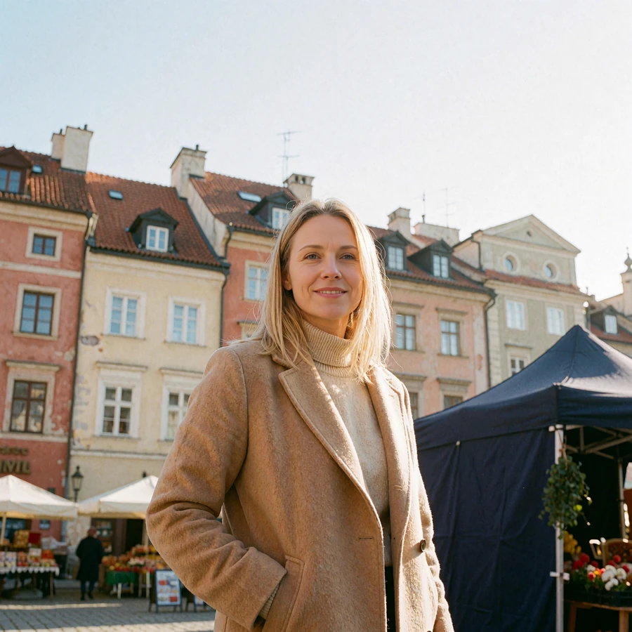 Woman in a camel coat smiling in an old European market square with pastel townhouse facades behind her