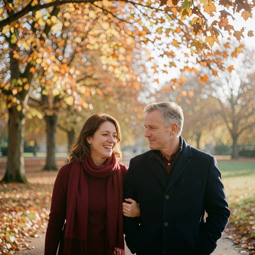 Couple in their forties walking together along a tree-lined park path in autumn