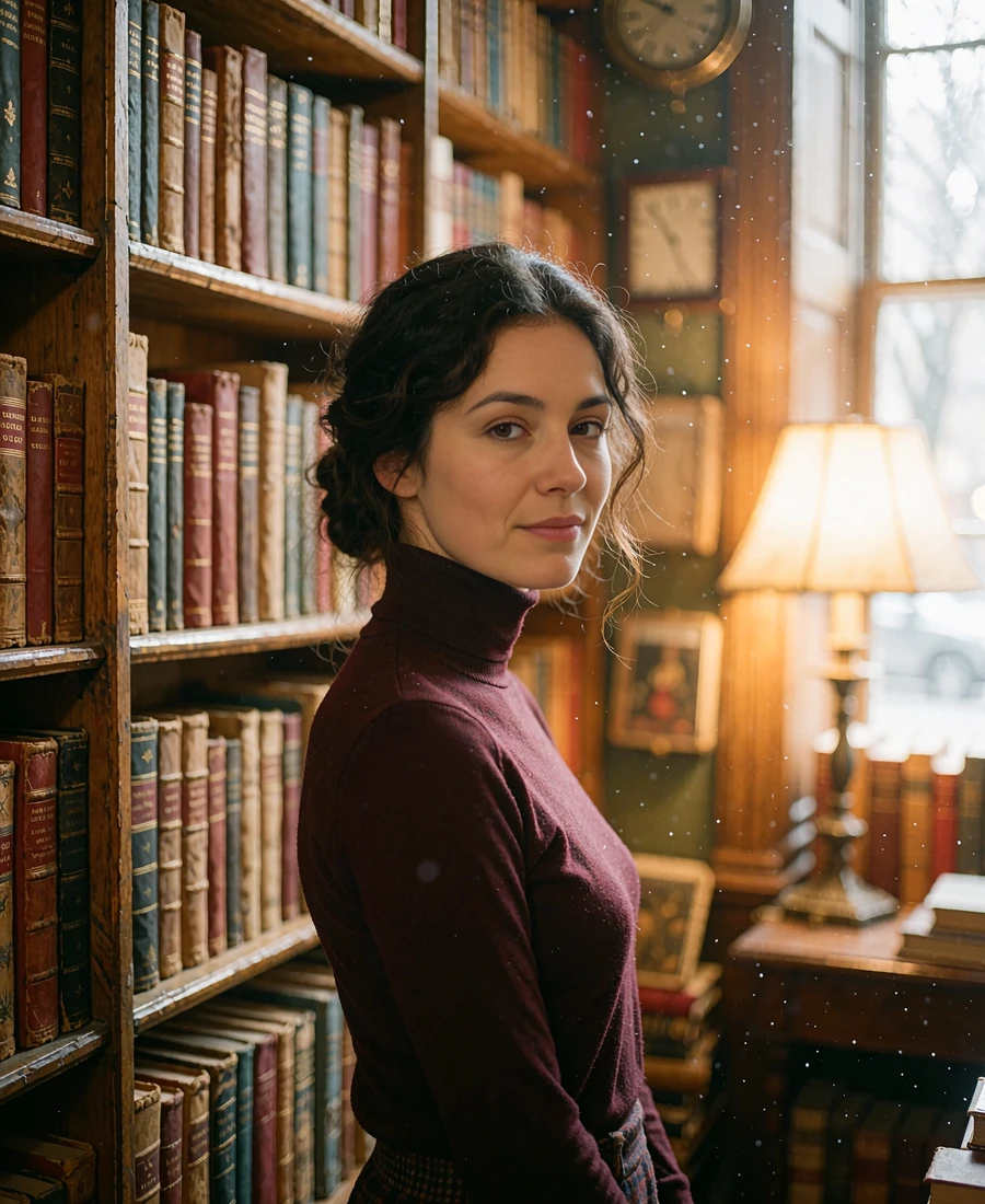 Dark-haired woman in a burgundy turtleneck glancing over her shoulder in an antiquarian bookshop