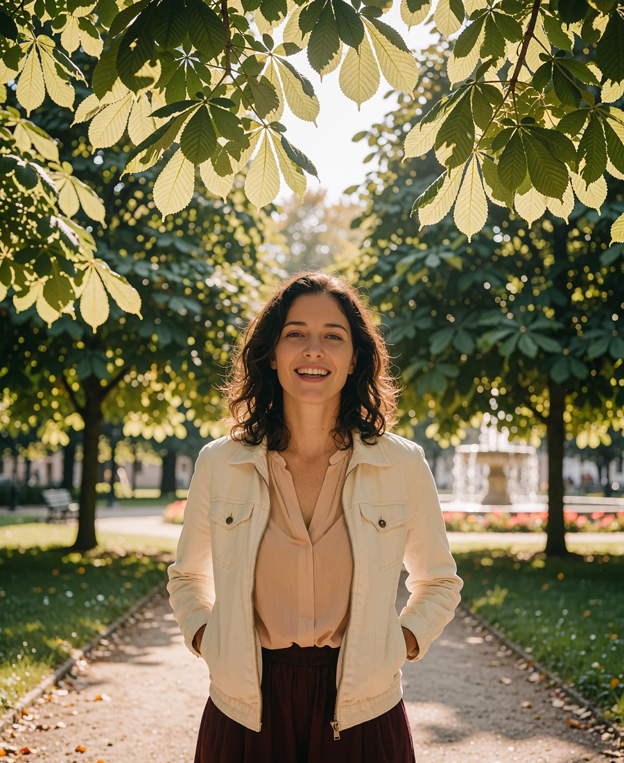 Woman in a blush blouse smiling on a tree-lined park path in Chişinău, Moldova
