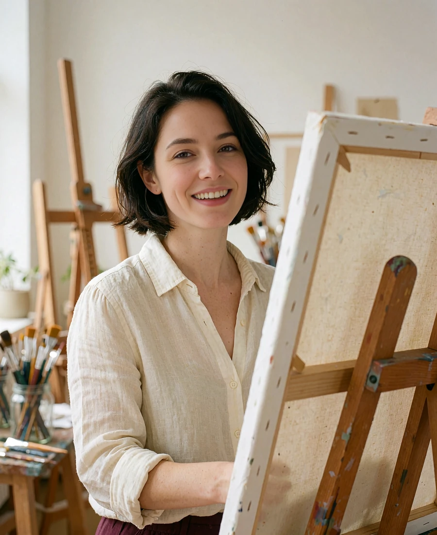 Creative woman in a cream linen shirt standing beside a blank canvas in a bright art studio