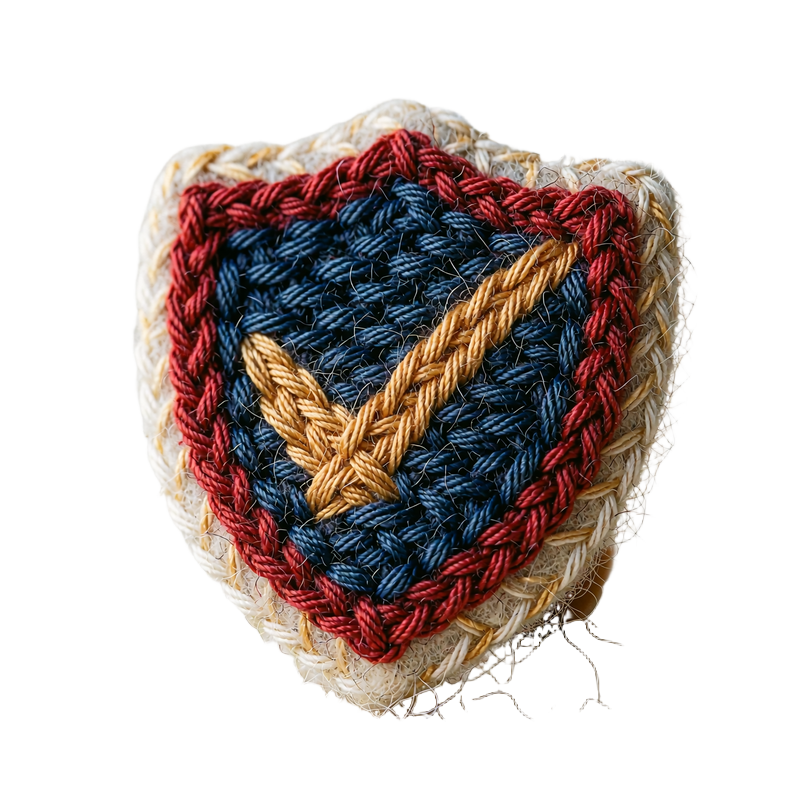 Hand-embroidered indigo shield badge with a crimson braided border and a gold check mark