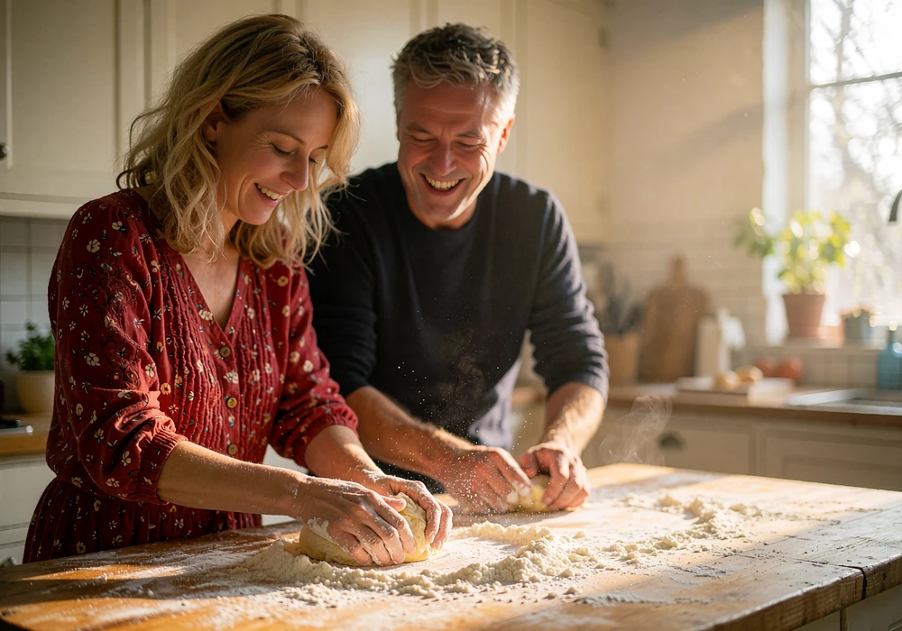 Couple cooking together at a kitchen island, dusting flour while laughing