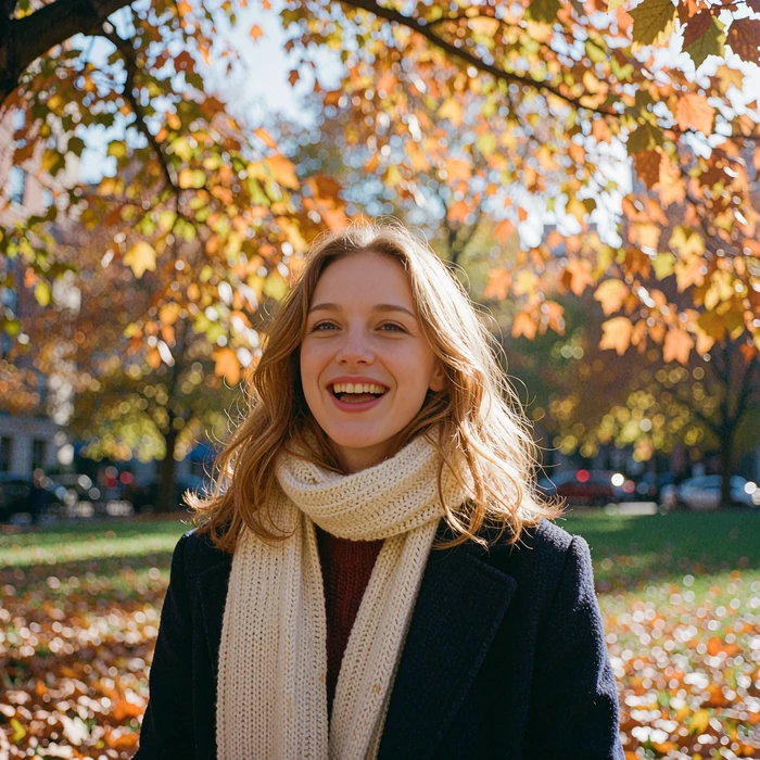 Woman with copper-blonde hair laughing among autumn trees in a city park