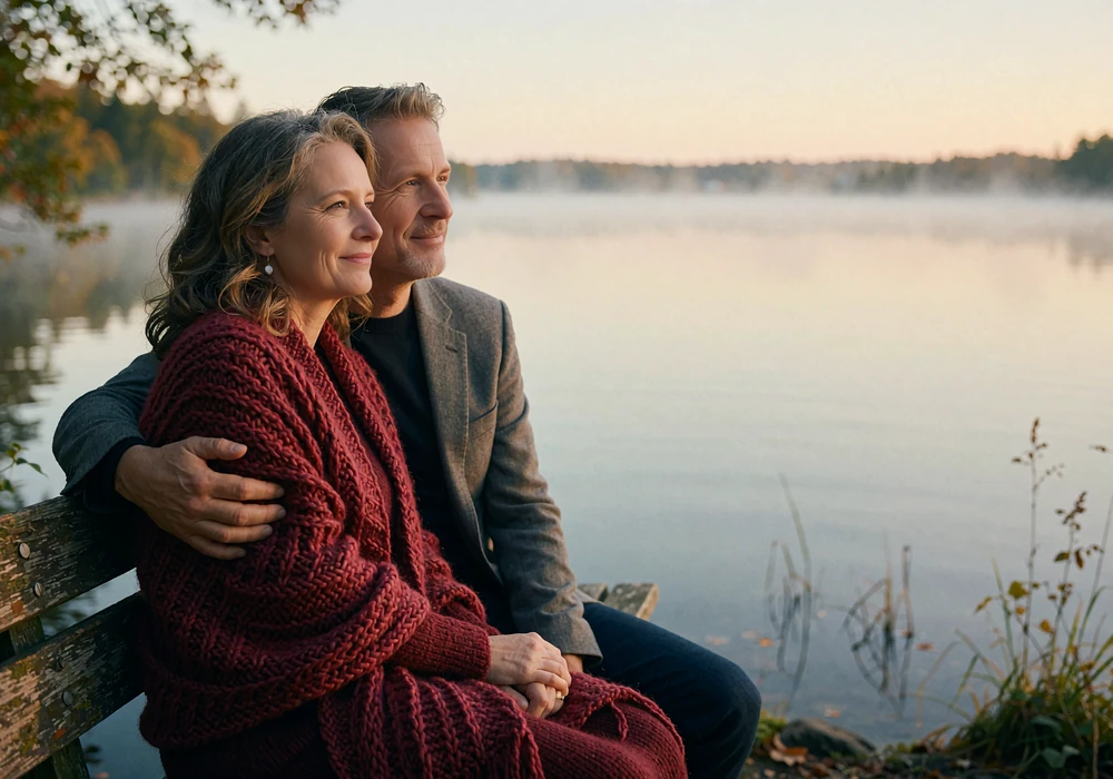 Couple sitting close together on a wooden bench beside a calm lake at dusk