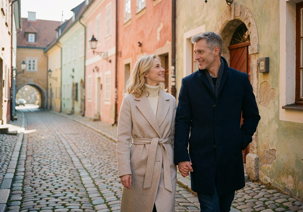 Couple walking hand in hand along a cobbled old-town lane past pastel facades