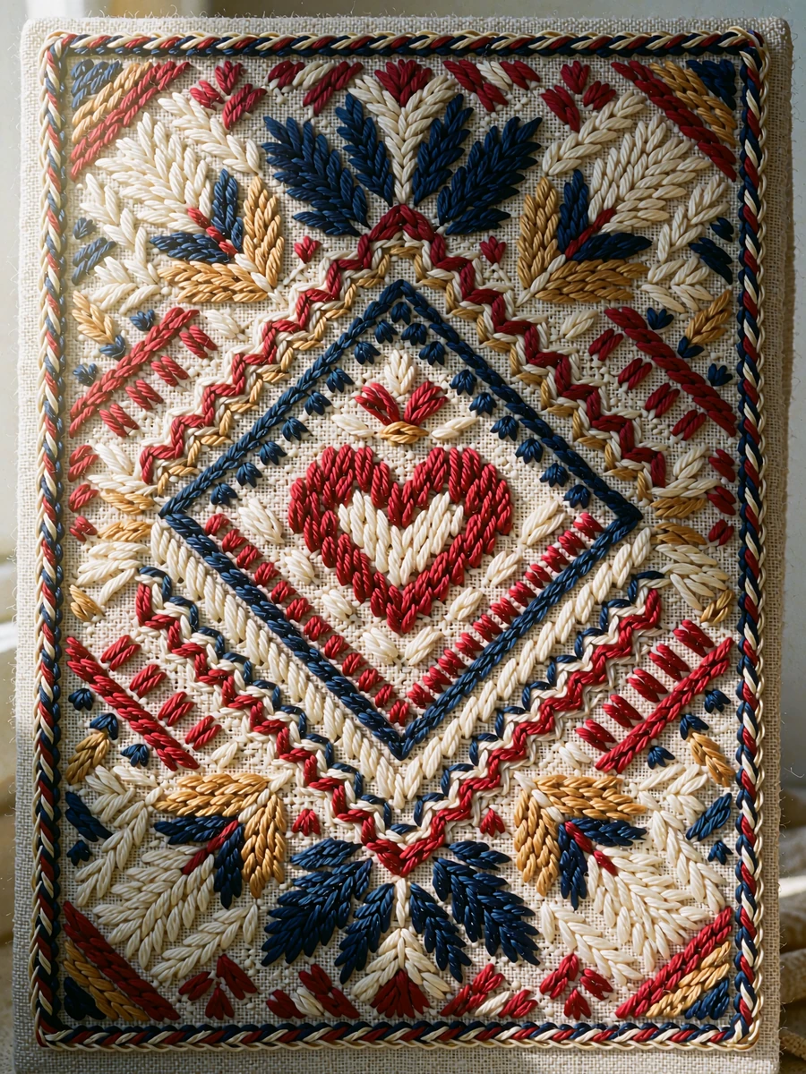 Hand-embroidered folk textile panel with a crimson heart motif surrounded by navy and camel chevrons