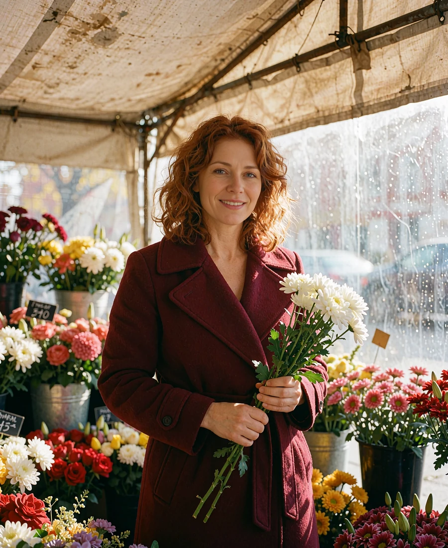 Woman in a burgundy wrap coat holding a small bouquet at an open-air flower stall
