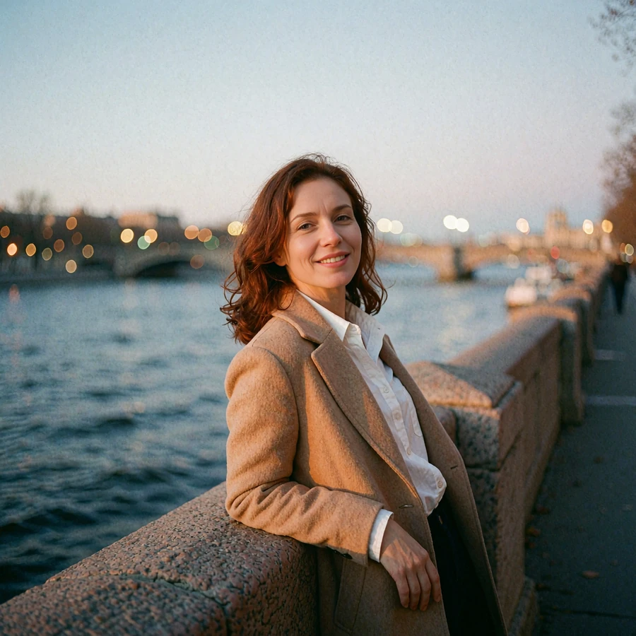 Woman in a camel coat leaning on a stone embankment railing at dusk