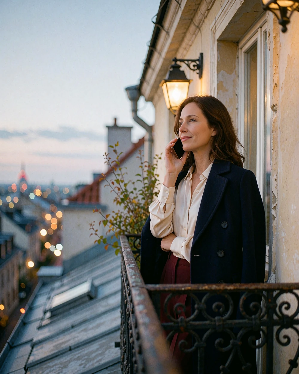 Woman on an apartment terrace at dusk holding a phone to her ear during an evening call with a long-distance partner