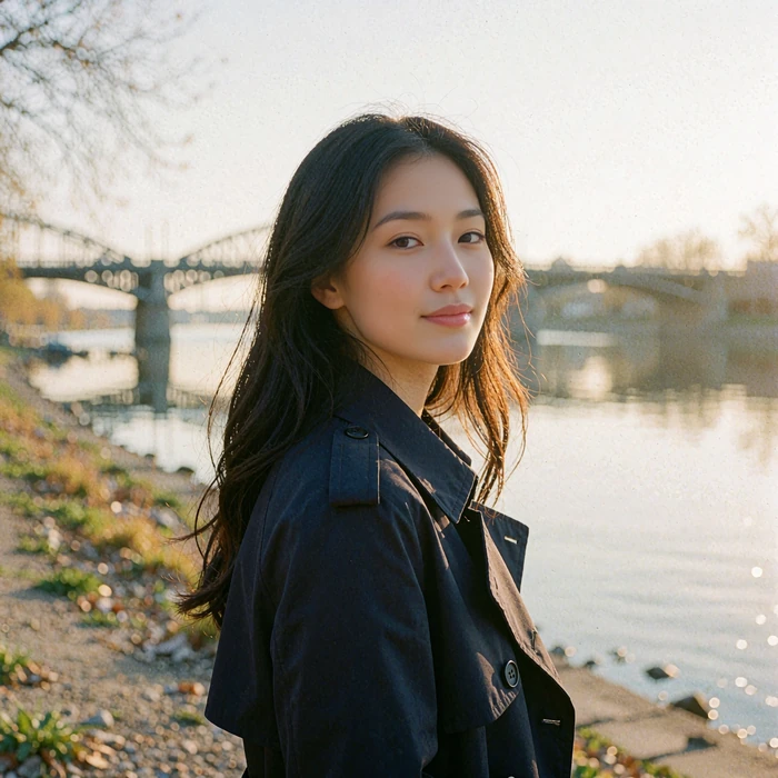 Woman in a navy trench coat looking over her shoulder on a river embankment at golden hour