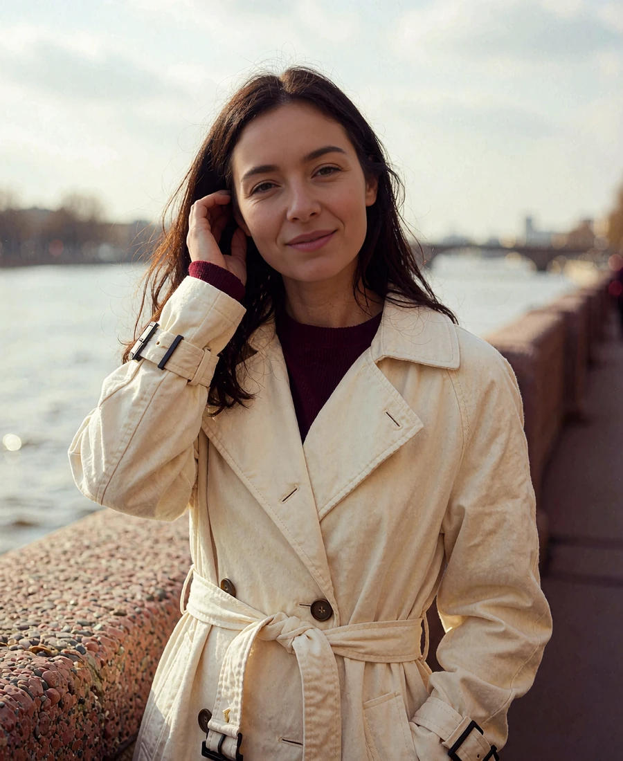 Woman in a cream trench coat smiling on a river promenade with stone railing and water behind her