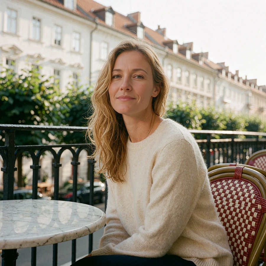 Woman in a cream cashmere sweater smiling at a marble cafe table on a sunlit European terrace