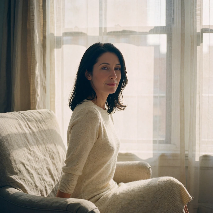 Woman in a cream knit dress seated on a linen armchair beside a tall apartment window