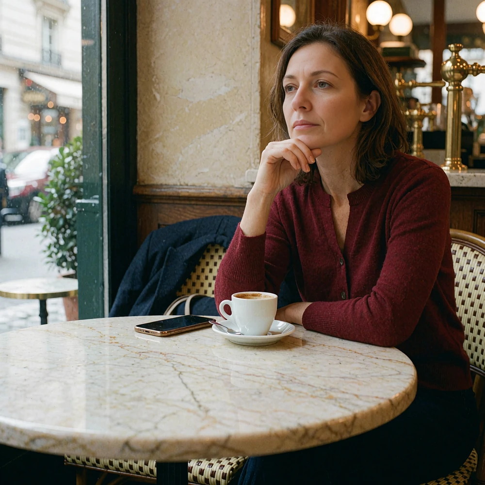 Woman at a marble café table pausing thoughtfully with a phone lying face-down beside her coffee