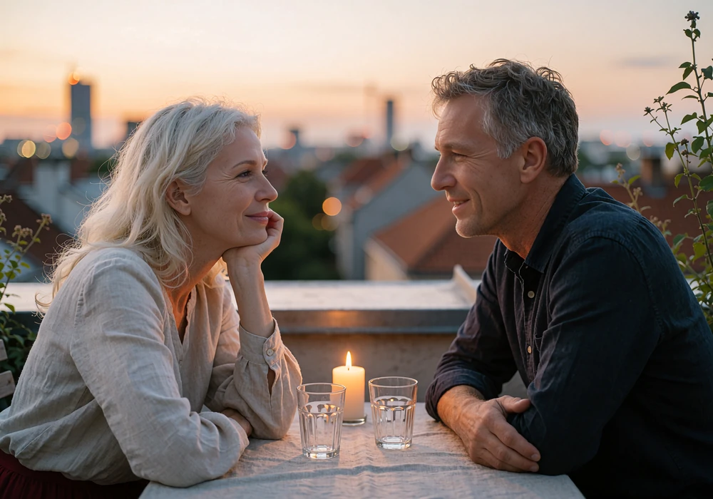 Couple sitting at a small table on a rooftop terrace sharing dinner at dusk