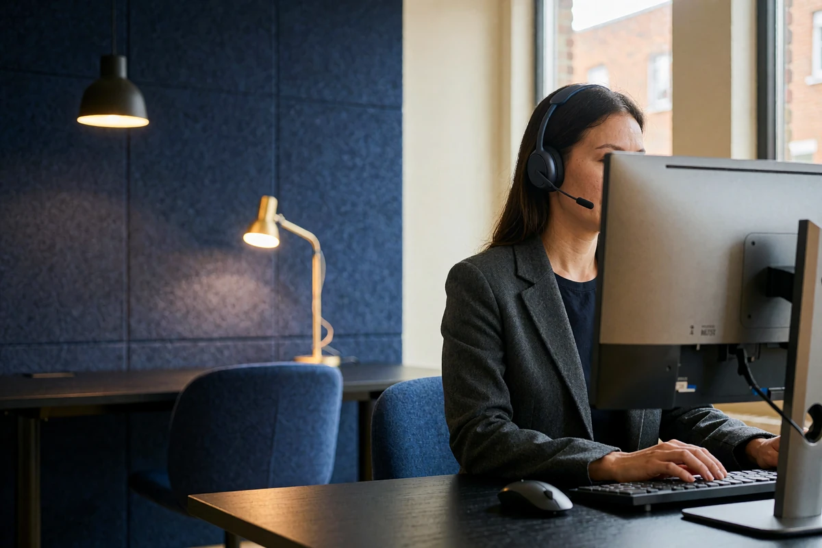 Support team member at a modern navy workspace reviewing member reports
