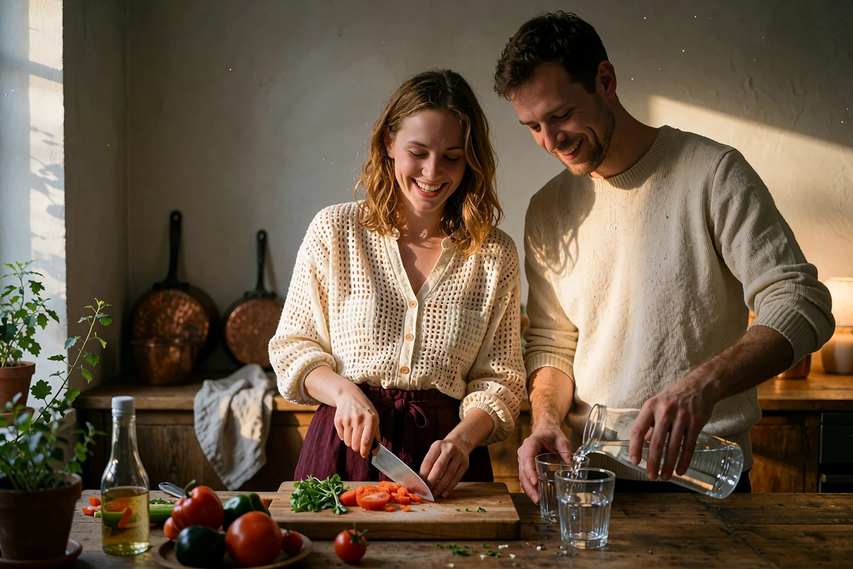 Couple preparing dinner together in a warm wooden kitchen, laughing while pouring water into glasses