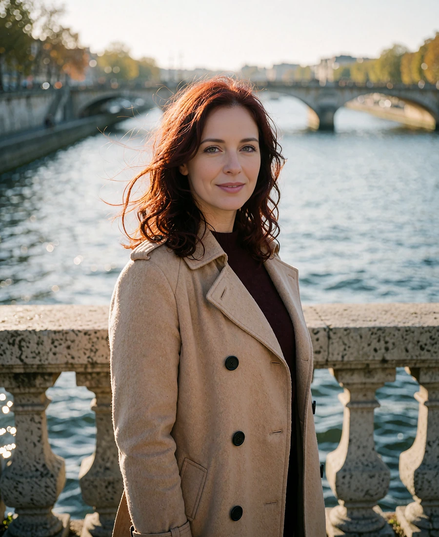 Auburn-haired woman in a camel trench coat smiling on a river embankment