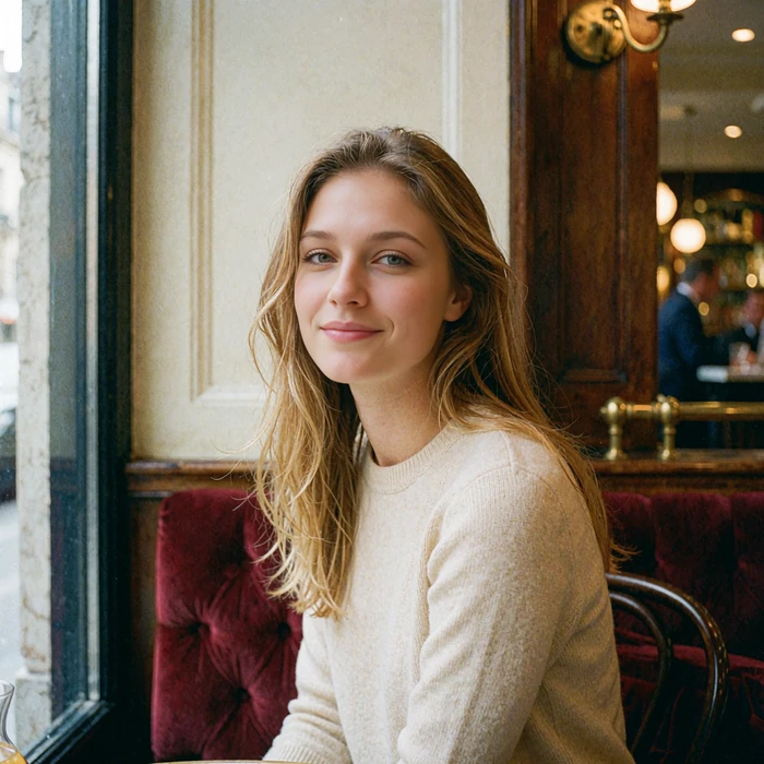 Smiling woman with dark blonde hair seated by a café window in soft daylight