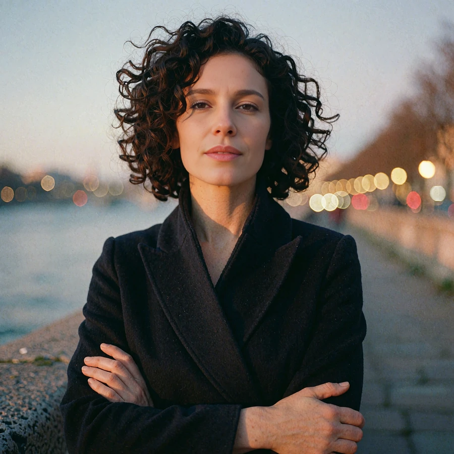 Woman in a black wrap coat standing on a riverside walkway at dusk with warm streetlights behind her