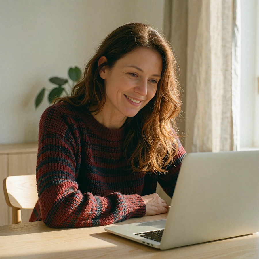 Smiling woman at a light wooden table in a modern apartment during an evening video call