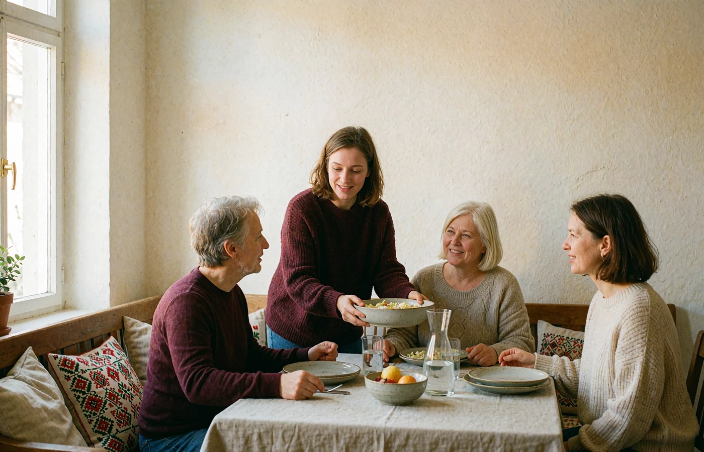 Multigenerational Czech family sharing a relaxed Sunday lunch around a linen-covered table