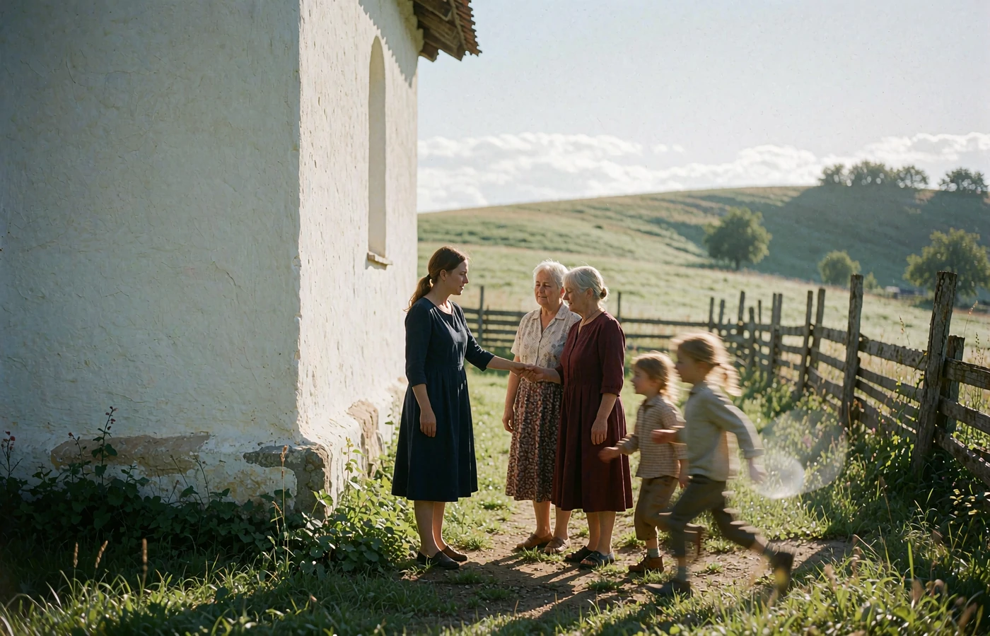 Woman greeting an older couple outside a whitewashed village church on a Sunday morning in Slovakia