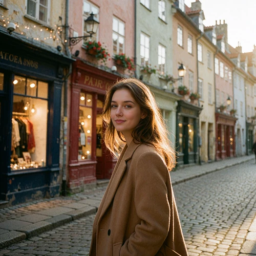 Woman in a camel coat walking along a European street at golden hour