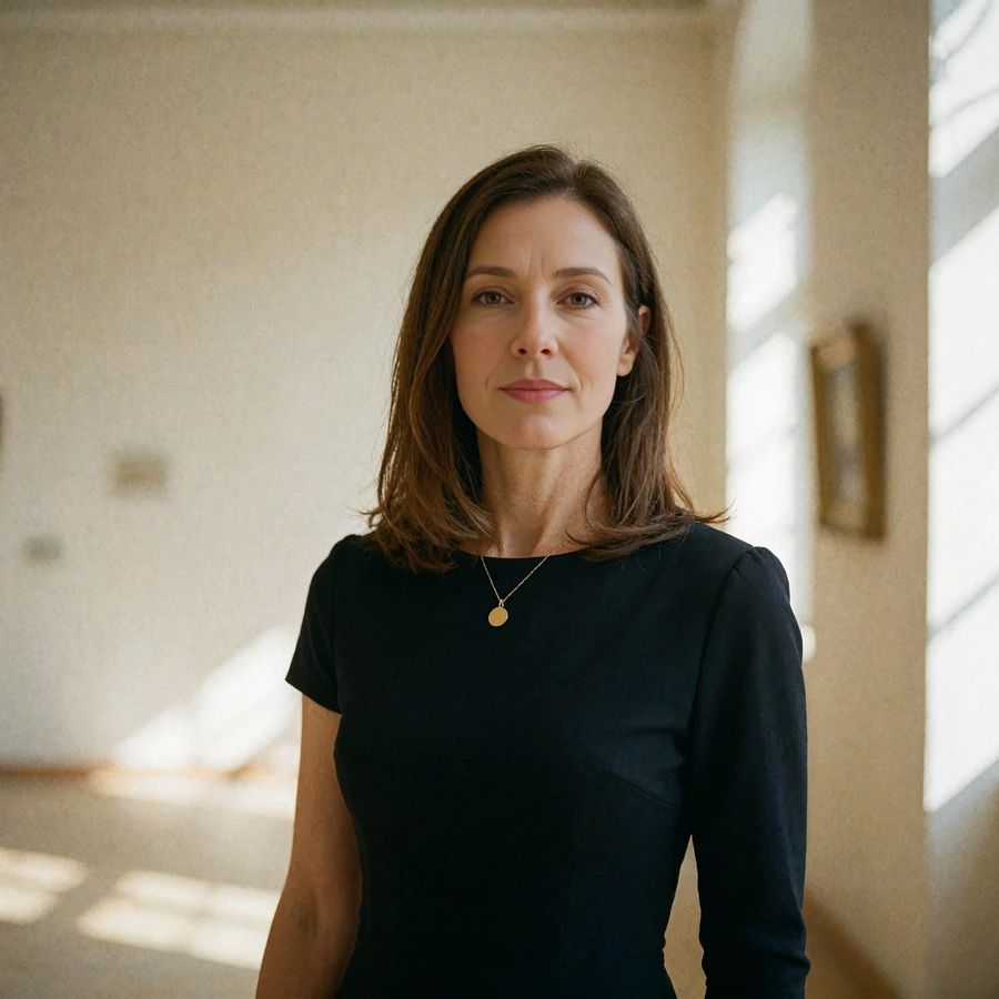 Woman in a fitted black evening dress standing in a quiet, softly lit art gallery corridor
