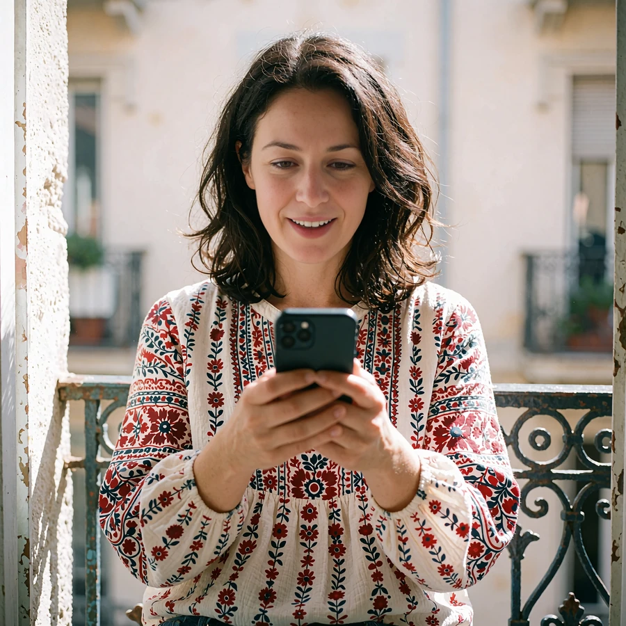 Woman on a sunlit apartment balcony smiling softly at her phone