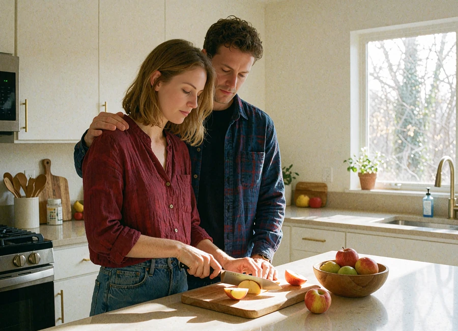 Couple preparing a meal together in a bright modern kitchen