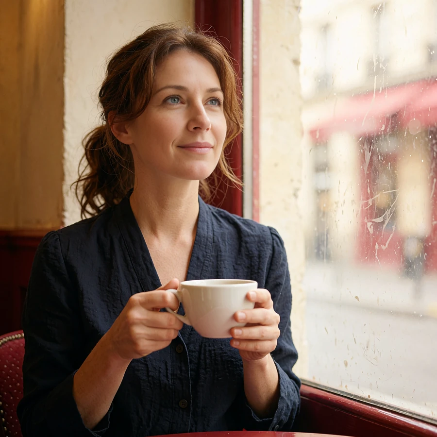 Woman in a navy blouse holding a coffee cup at a bright café window seat