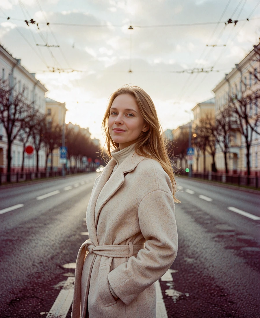 Woman in a belted beige coat smiling on a wide city boulevard lined with pale facades