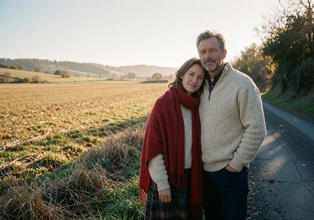 Couple standing beside a country road overlooking open golden fields