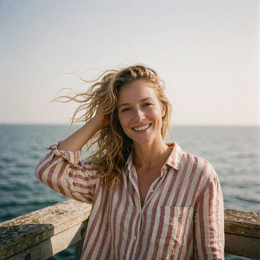 Woman in a striped linen shirt smiling on a wooden pier over the sea