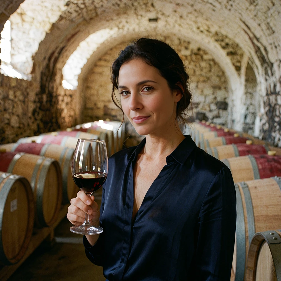 Woman in a navy silk blouse holding a glass of red wine in a vaulted stone wine cellar