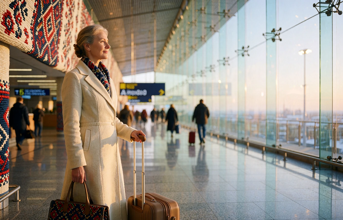 Elegant woman in a cream coat standing beside a suitcase in a sunlit airport departures hall
