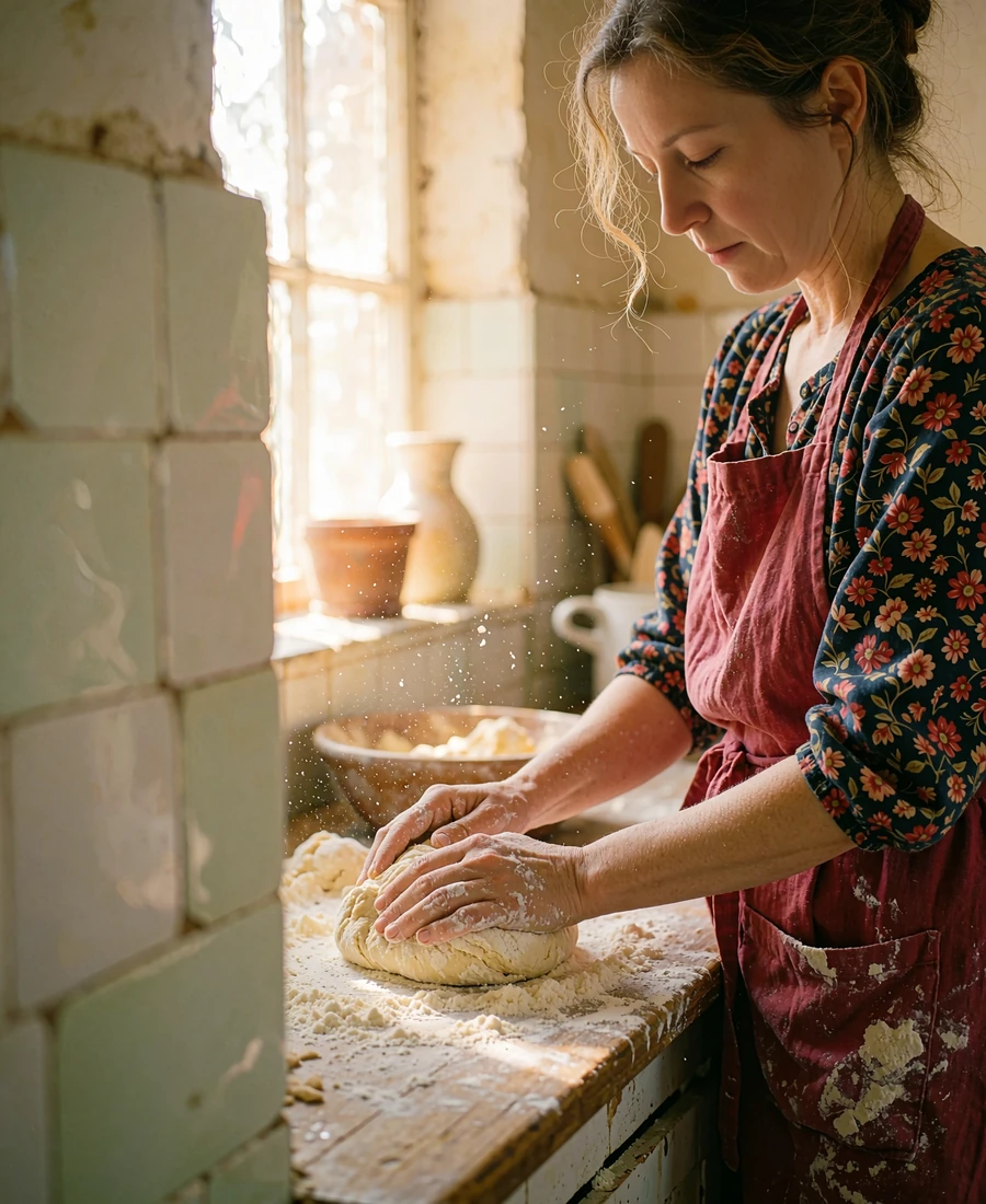 Woman in a linen apron shaping dough by hand at a rustic kitchen counter in warm daylight