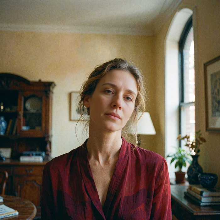 Woman in a crimson blouse standing beside a tall arched window in a warm apartment