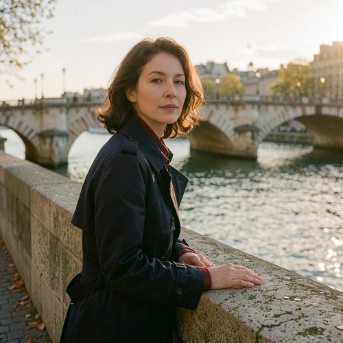 Woman in a navy trench coat leaning on a riverside railing at golden hour